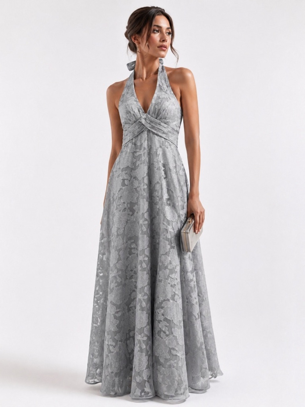 Dusty Sage / Soft Gray Halter Maxi Dress NWT Size 6 Floral Formal Wedding Guest